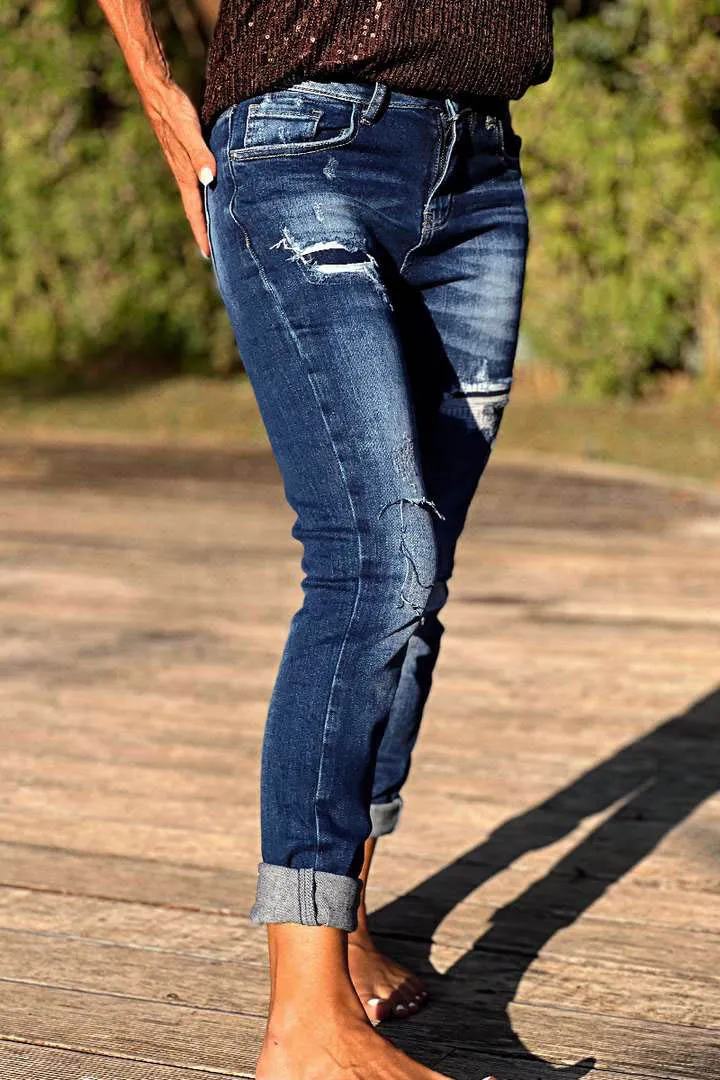 Cut Out Roll Hem High Waist Straight Leg Jeans