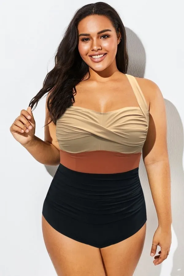 Colorblock Contrast Twist Front Skinny One Piece Swimsuit