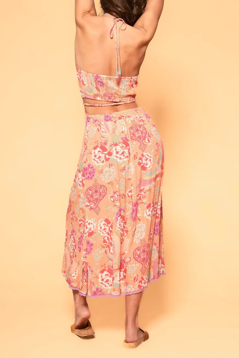 Pink Floral Print Asymmetrical Midi Skirt