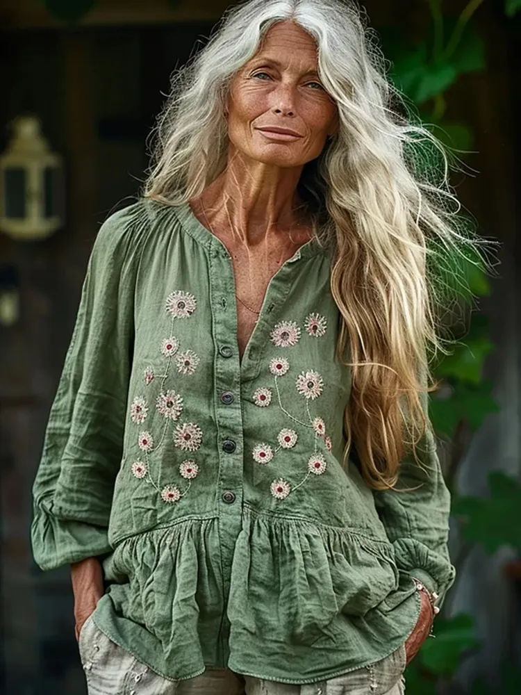 Bohemian Linen Floral Art Print Long Sleeve Loose Shirt