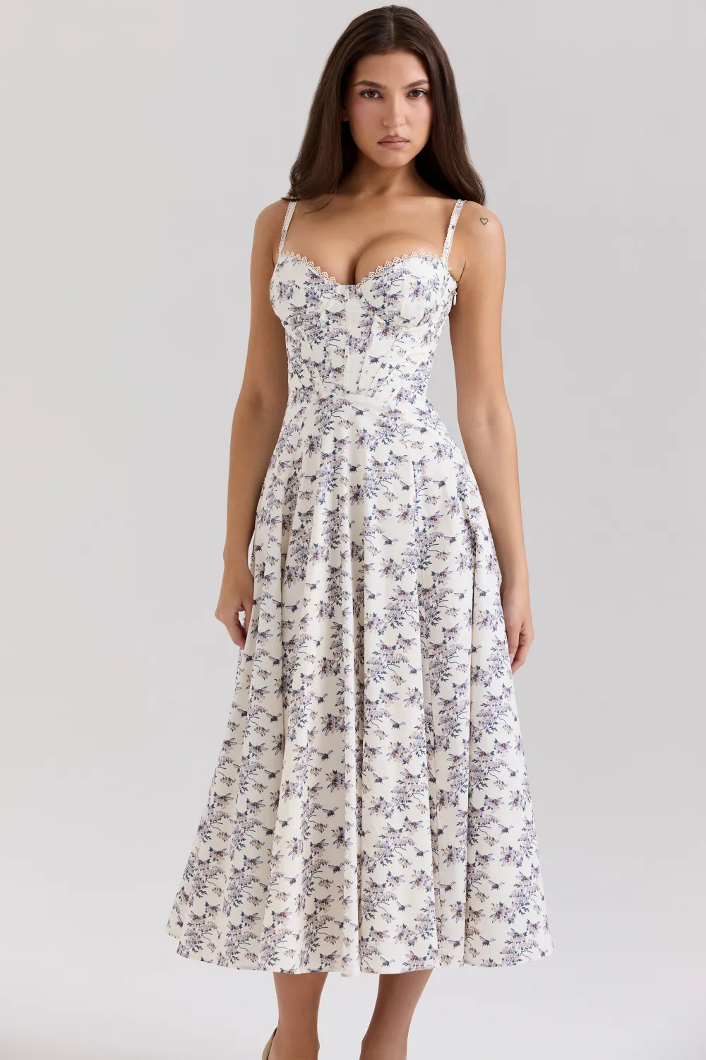 Cream Stretch Cotton Floral Print Midi Sundress