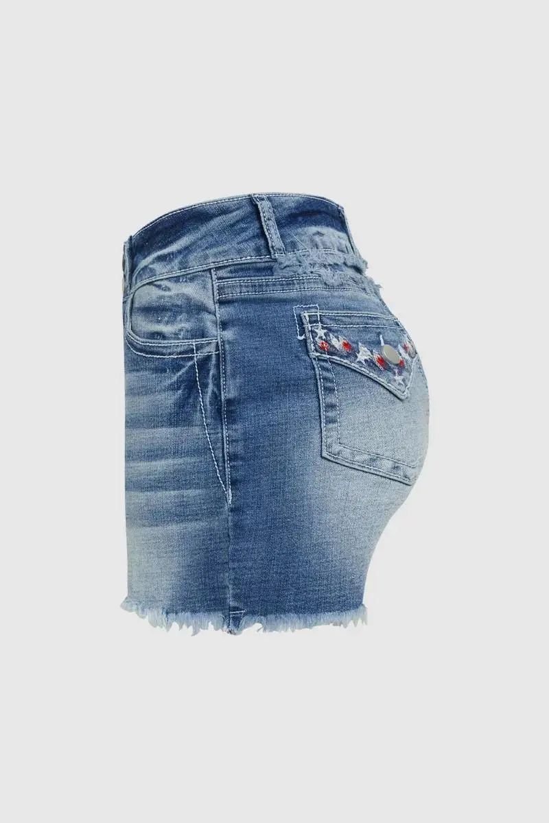 Embroidery Detail Raw Hem High Waist Denim Shorts