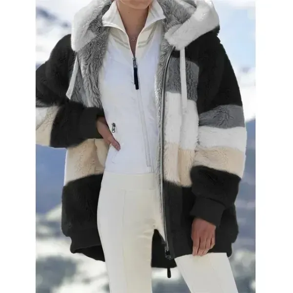 Women's Fashion Patchwork Hooded Zipper Plush Jacket