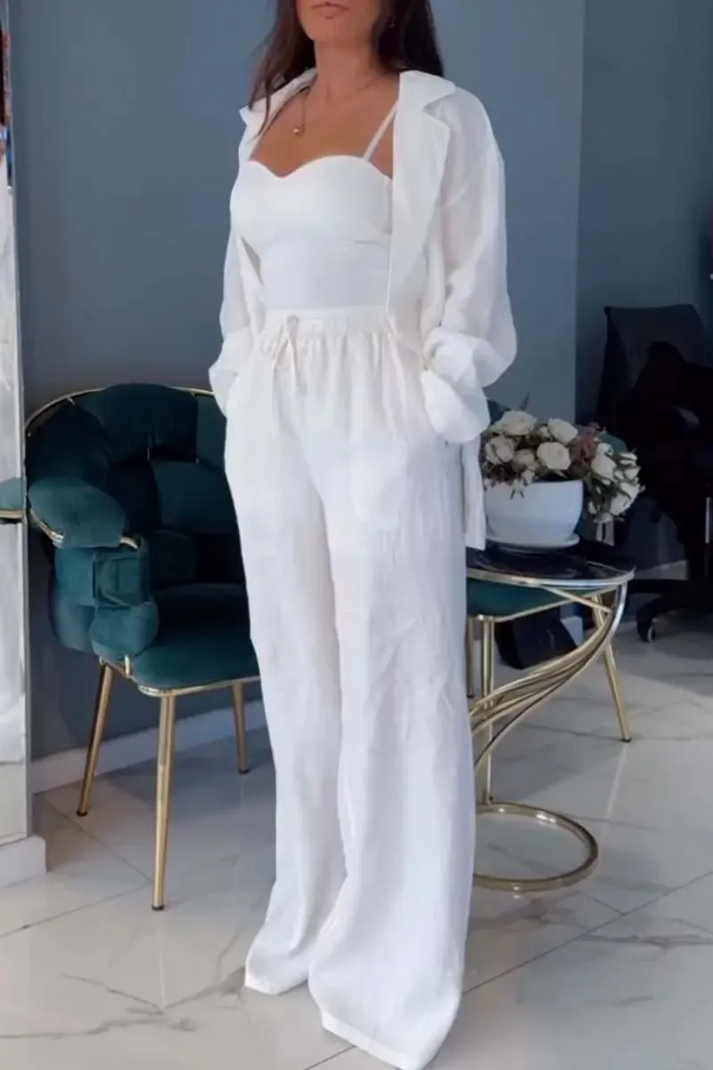 Women's casual suit wide leg pants cotton and linen two-piece set