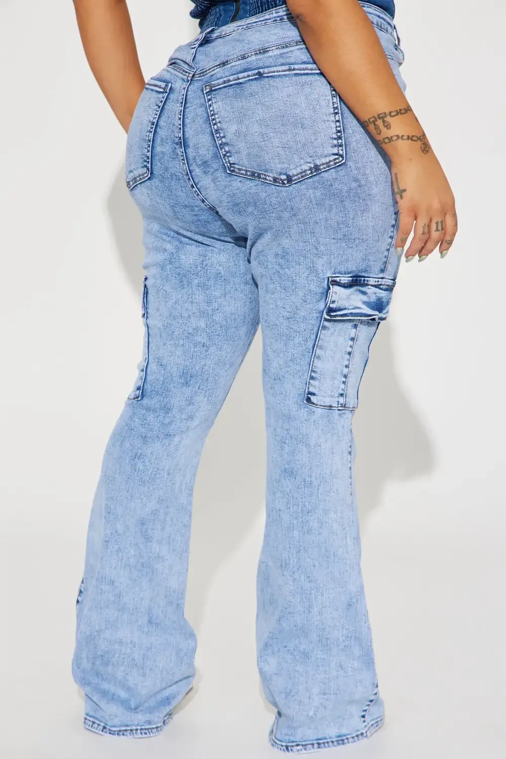 That A Girl Stretch Cargo Flare Jeans - Acid Wash Blue