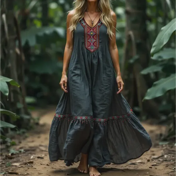 Women's Retro Ethnic Style Ribbon Embroidered Sleeveless Linen V-neck Maxi Dress