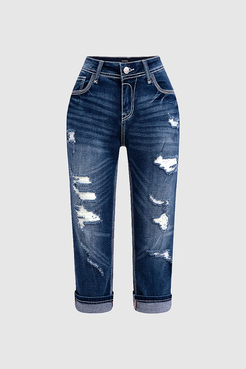 Ripped Roll Hem Wash Stretchy Low Waist Capri Jeans