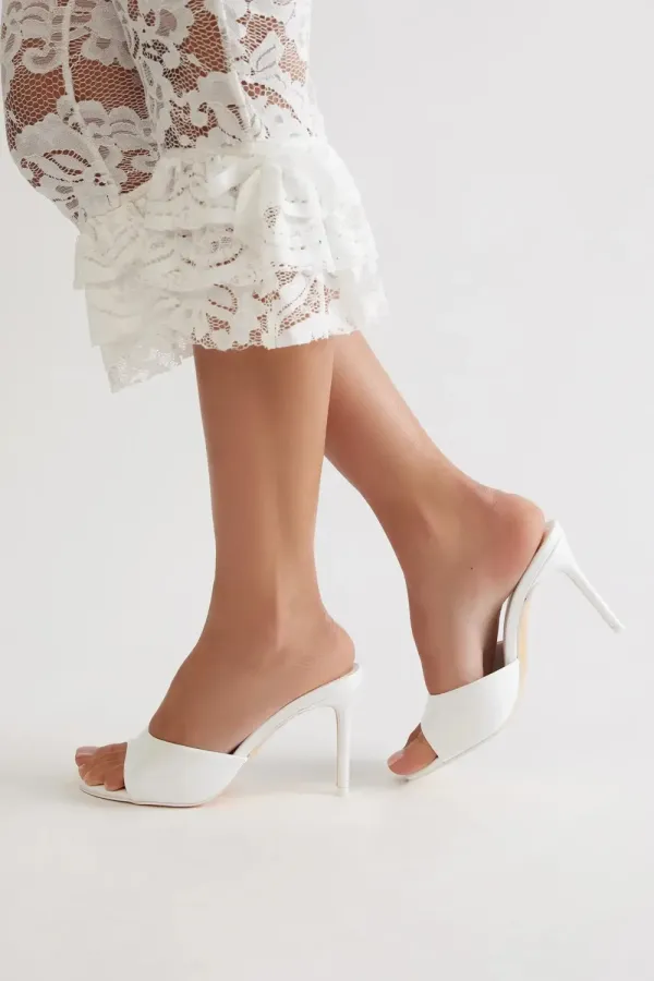 Shanley Faux Patent Stiletto Mules - White