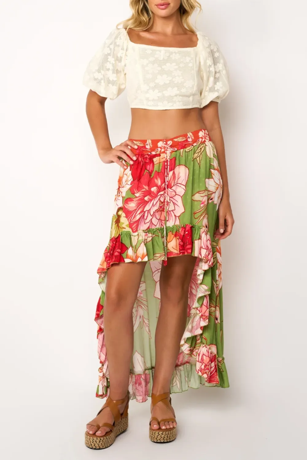 Green And Red Floral Print Asymmetrical Maxi Skirt