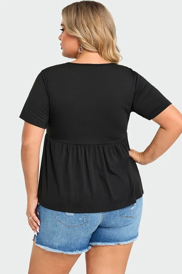 Black Peplum Short Sleeve Round Neck Top