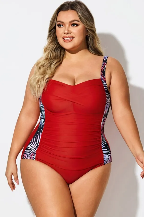 V-Neck Leaf Print Tummy Control One Piece Swimsuit