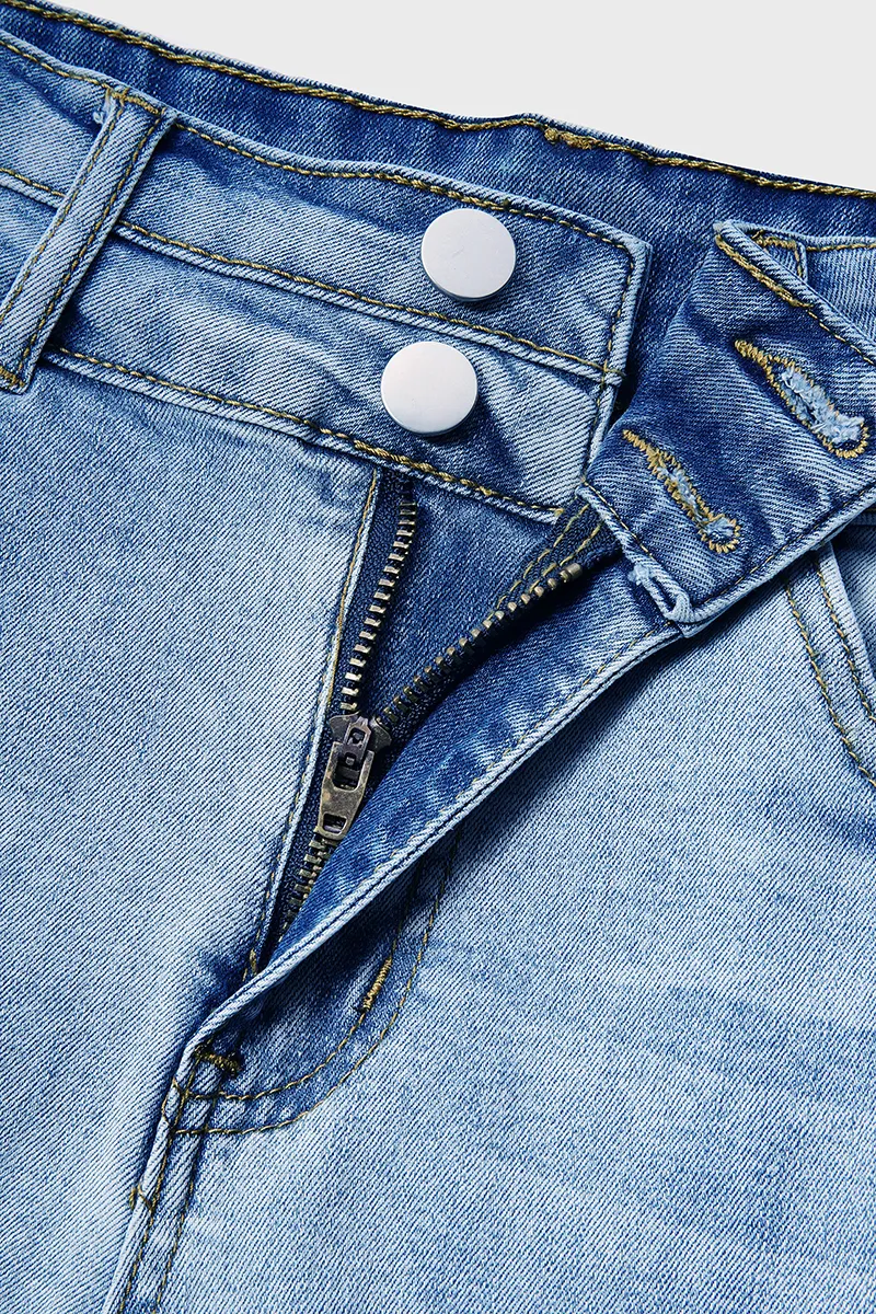 Wash Ripped Roll Hem High Rise Denim Shorts