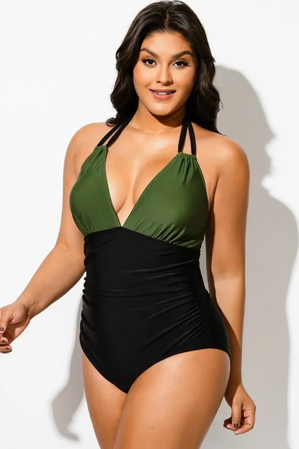 Green Halter V-Neck Colorblock One Piece Swimsuit