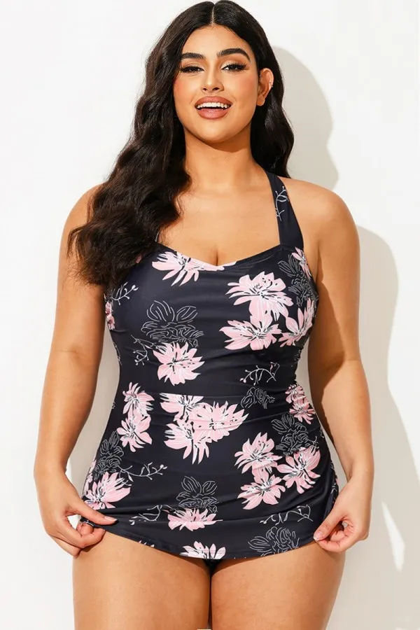 Floral Print H-Back Sarong Front One Piece Swimsuit