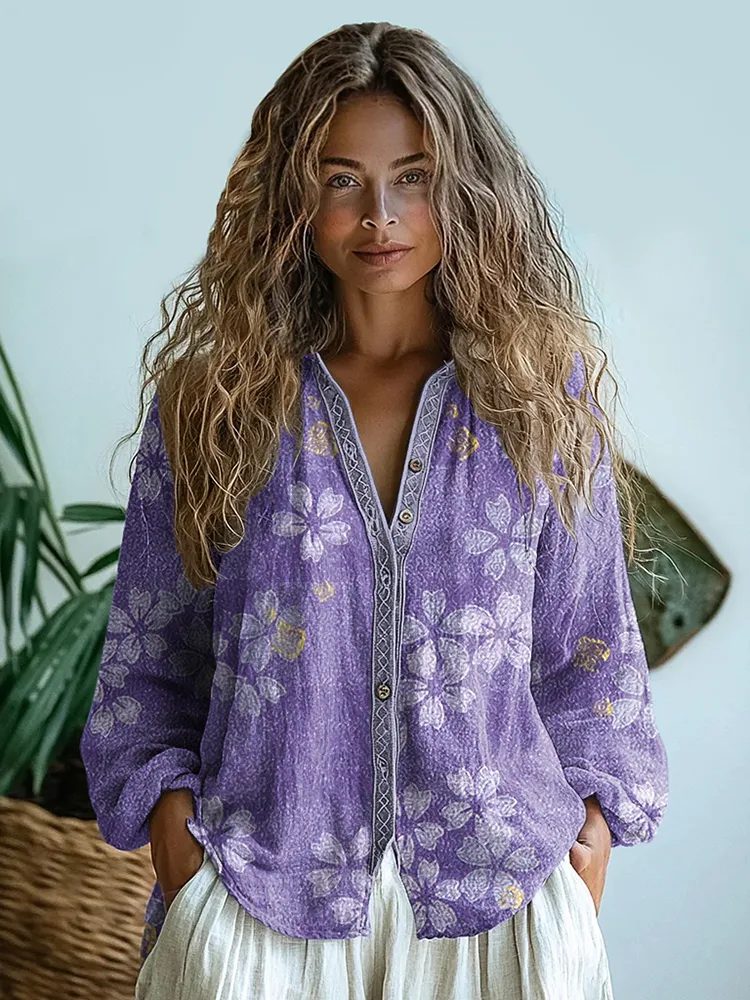 Bohemian Style Floral Linen Print  Long Sleeve Shirt