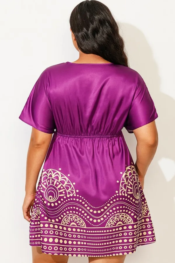 Purple Elastic Waistband V-Neck Cover Up Dress