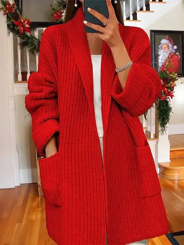 Women‘s Christmas Cardigan Coat Shirt Collar Ribbed Knit Polyester Knitted Front Pocket Fall Winter Long Outdoor Holiday Xmas Going out Stylish Casual Soft Long Sleeve Pure Color Red Green S M L
