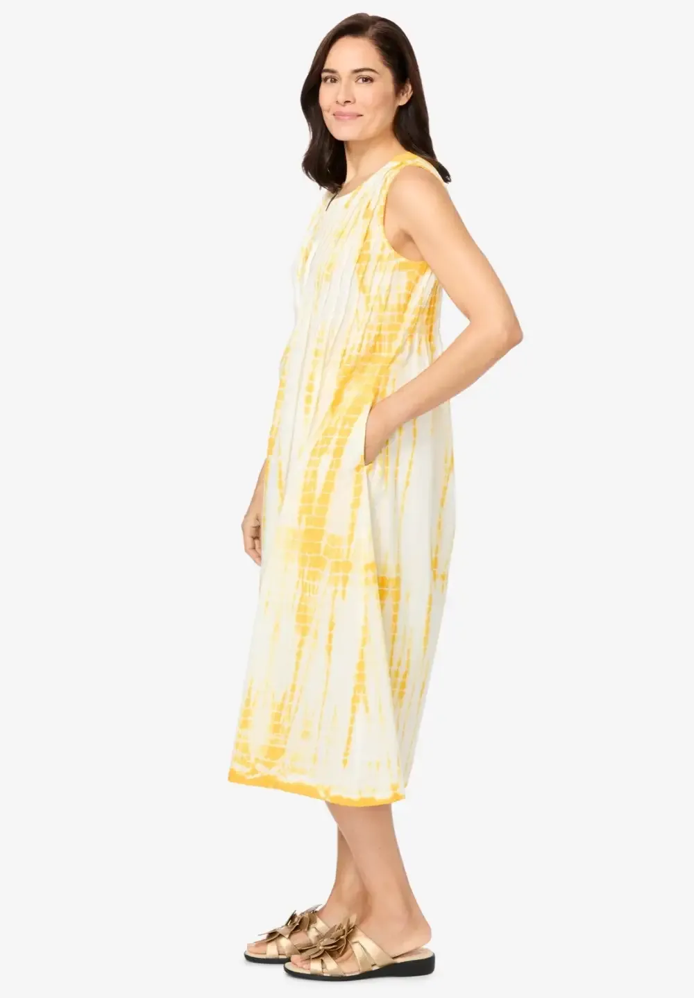 Sleeveless Pintuck Tie-Dye Dress