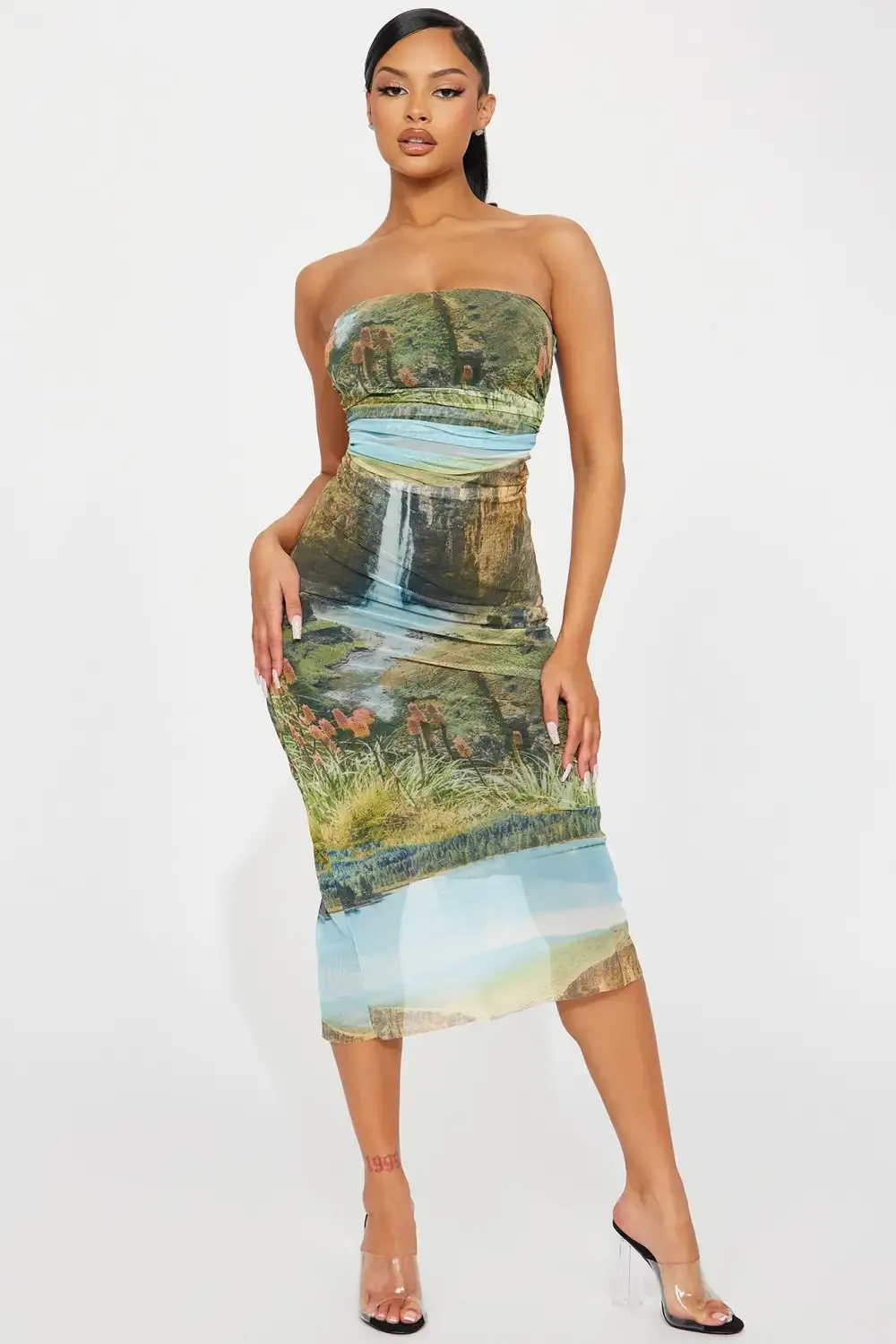 Perla Mesh Midi Dress - Brown Combo