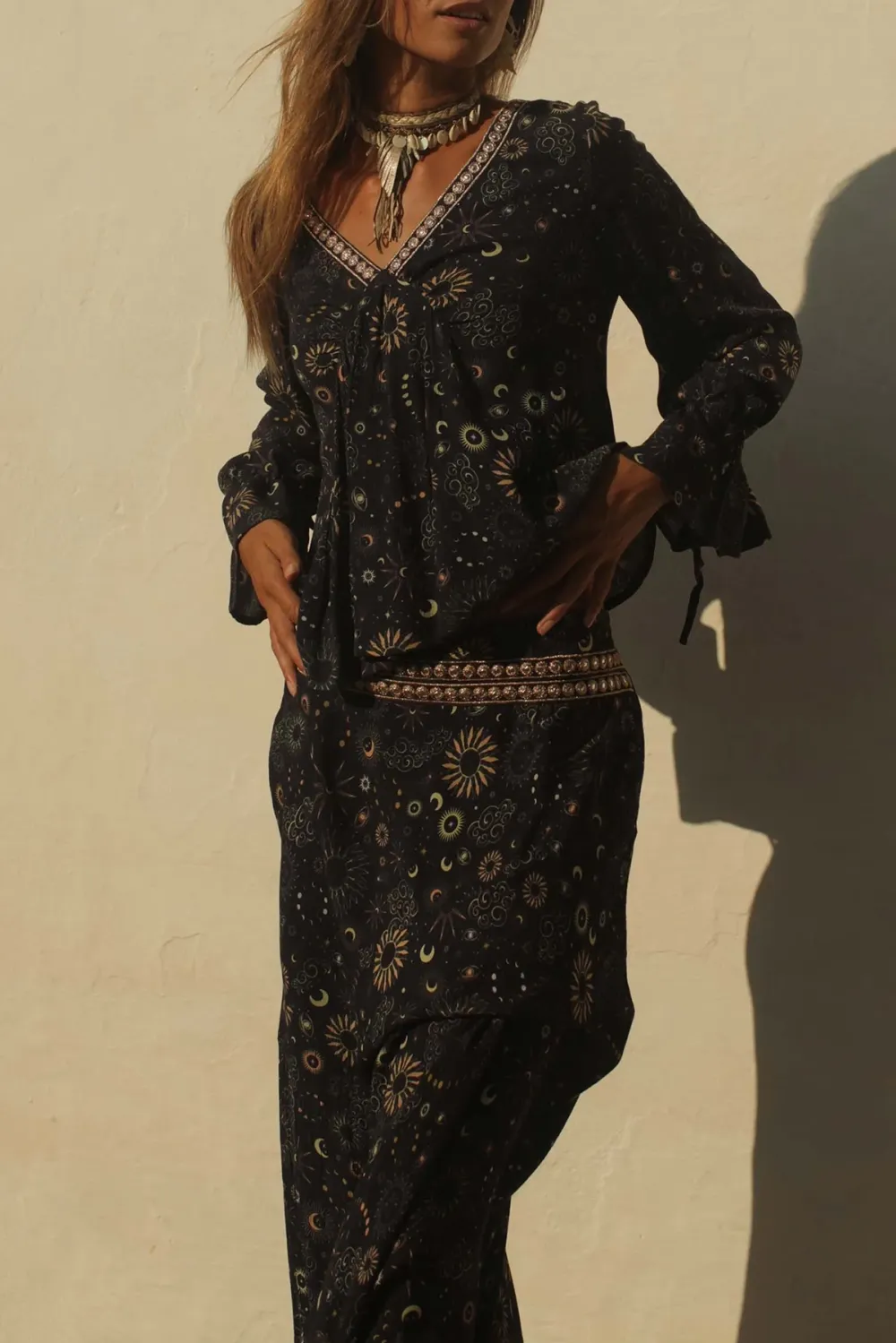 Black Bohemian Print Maxi Skirt