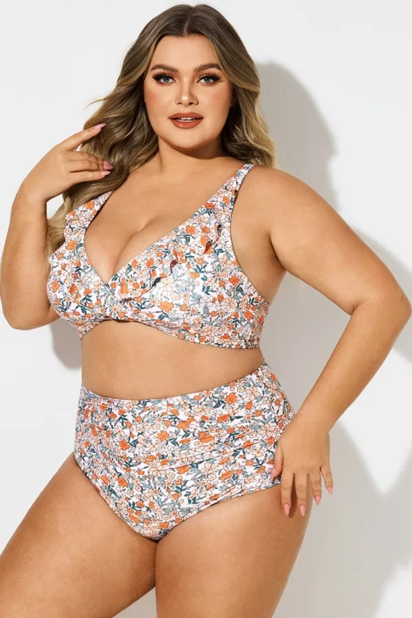 Plus Size Floral Print V-Neck Bikini Top