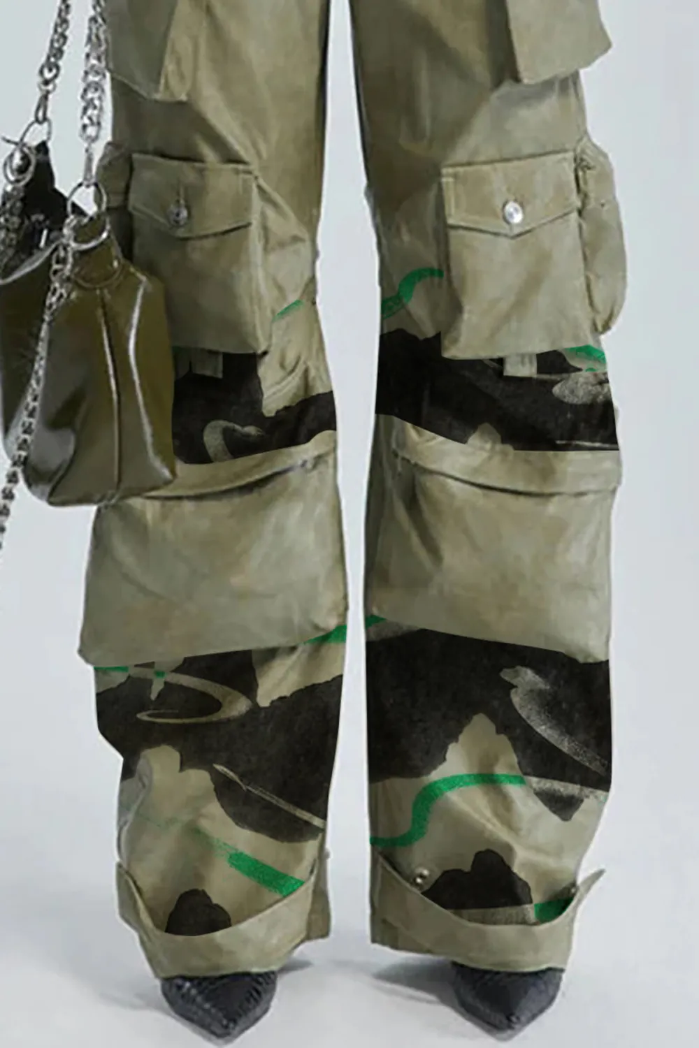 Glossy Mid Rise Wide Leg Cargo Pocket Full Length Draped Leather Pants