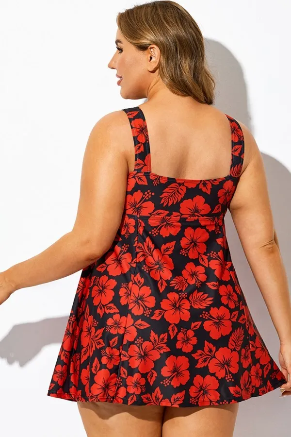 Red Floral Print Tie Front V-Neck Swimdress