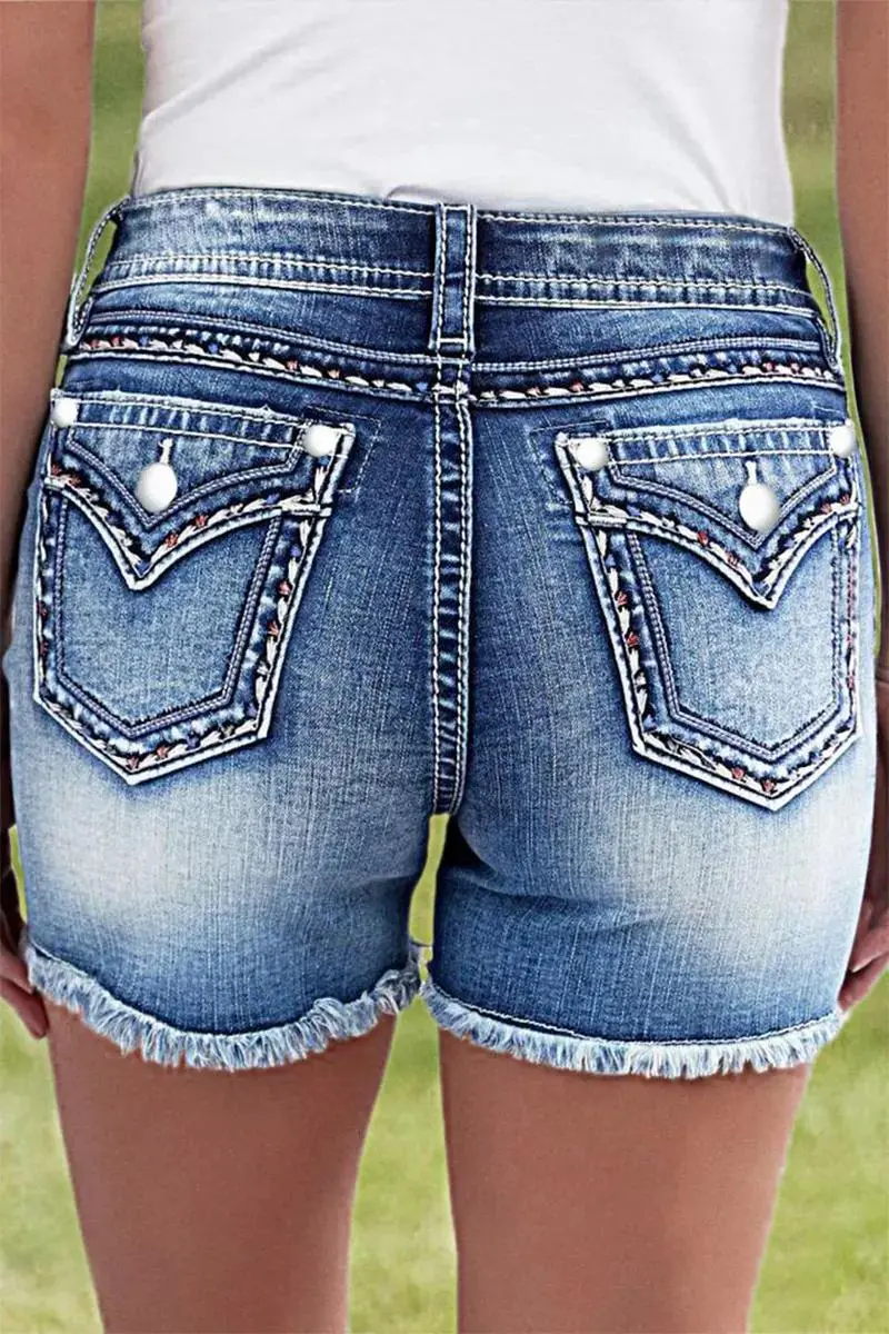 Raw Hem Stitch Detail Mid Rise Denim Shorts