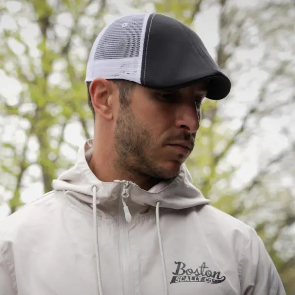 The Mesh Trucker Boston Scally Cap - Black with White