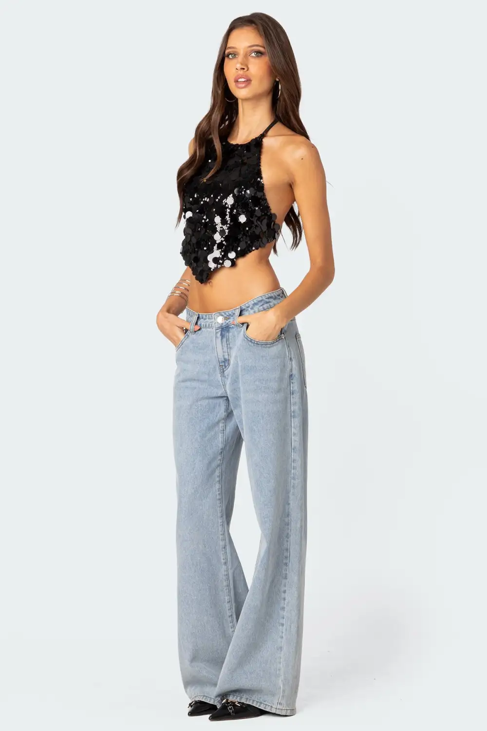 Caelia Sequin Open Back Top