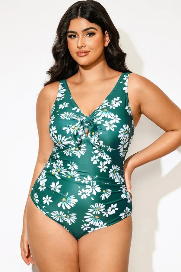 Plus Size Daisy Print Knotted Ruched One Piece Swimsuit