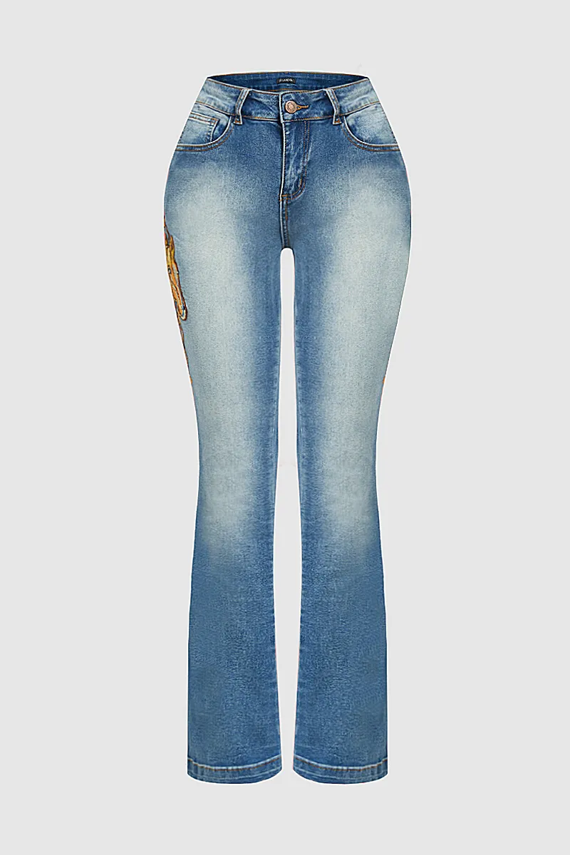 Horse Embroidery High Waist Bootcut Jeans Without Belt