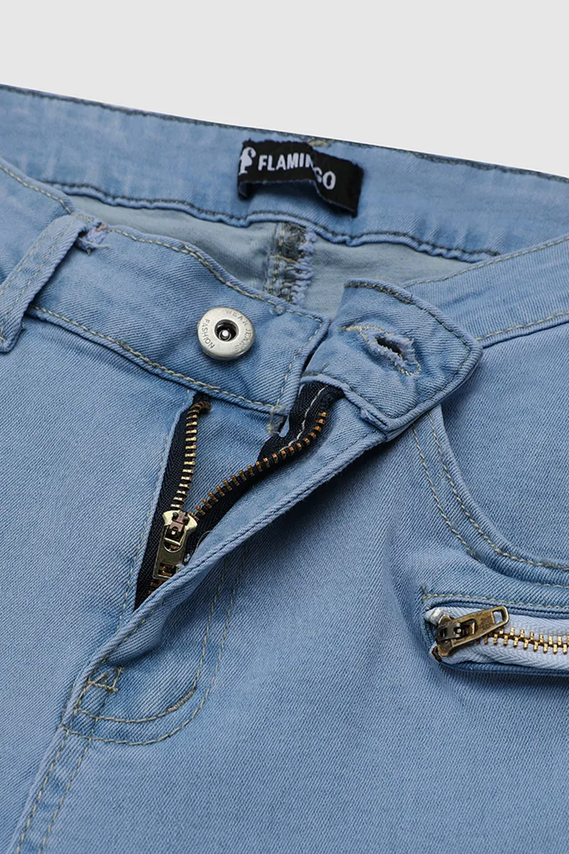 Wash Zip Design Mid Waist Denim Bermuda Shorts