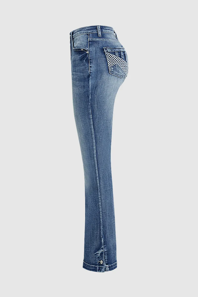 Embroidered Pocket Buttoned Hem Mid Waist Bootcut Jeans Without Belt