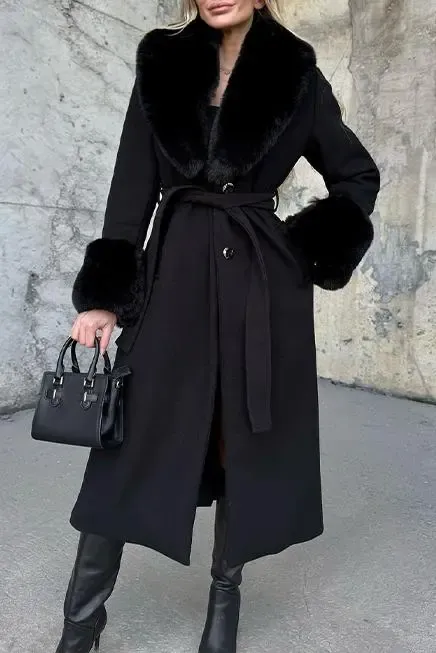 Women's Fashion Warm Fur Lapel Long Woolen Coat