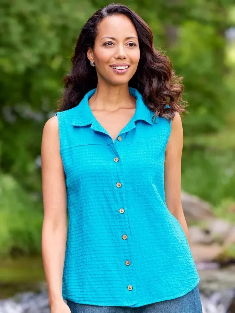 Women's Crinkle Cotton Sleeveless Button-Front Top