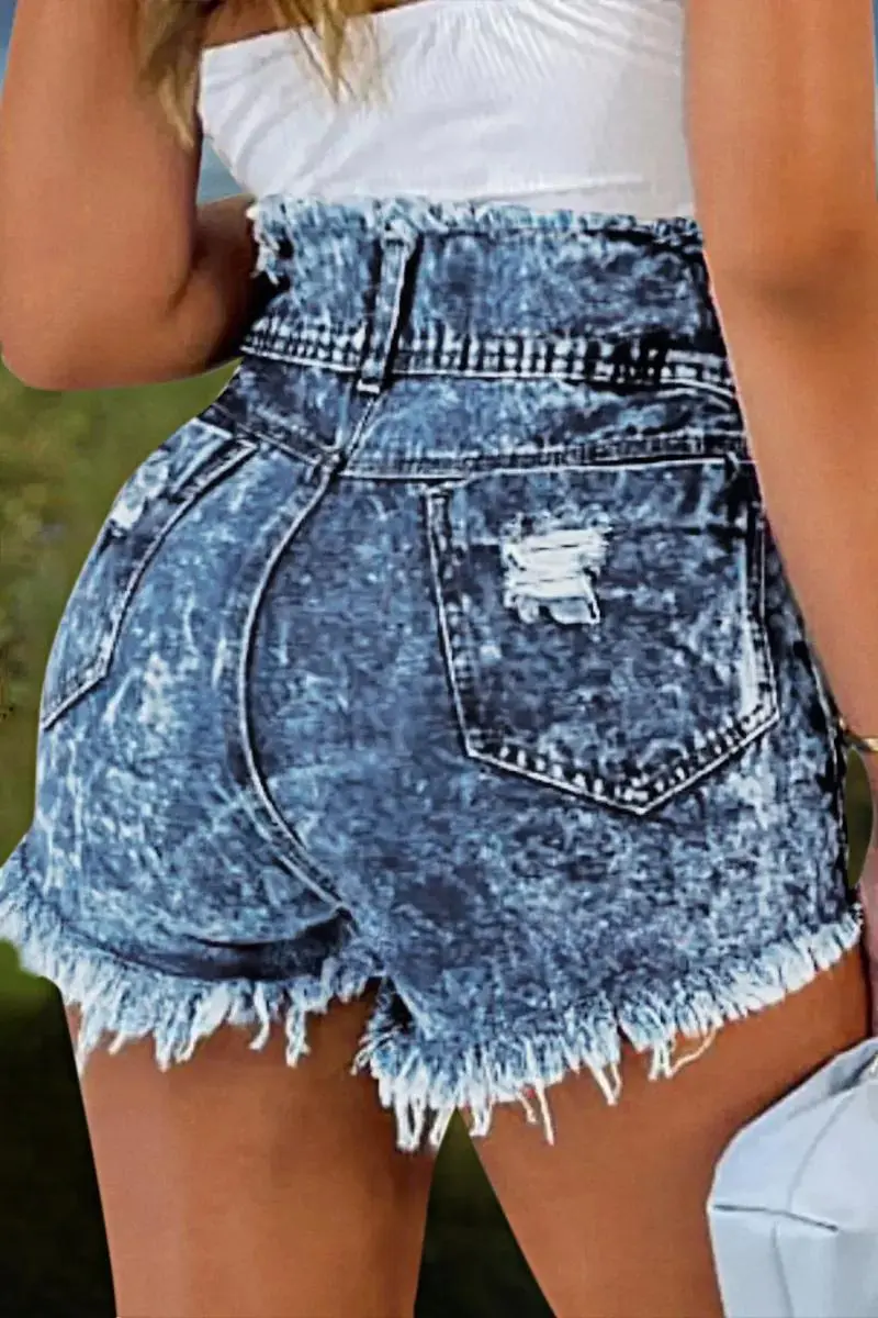 Ripped Raw Trim High Waist Denim Shorts