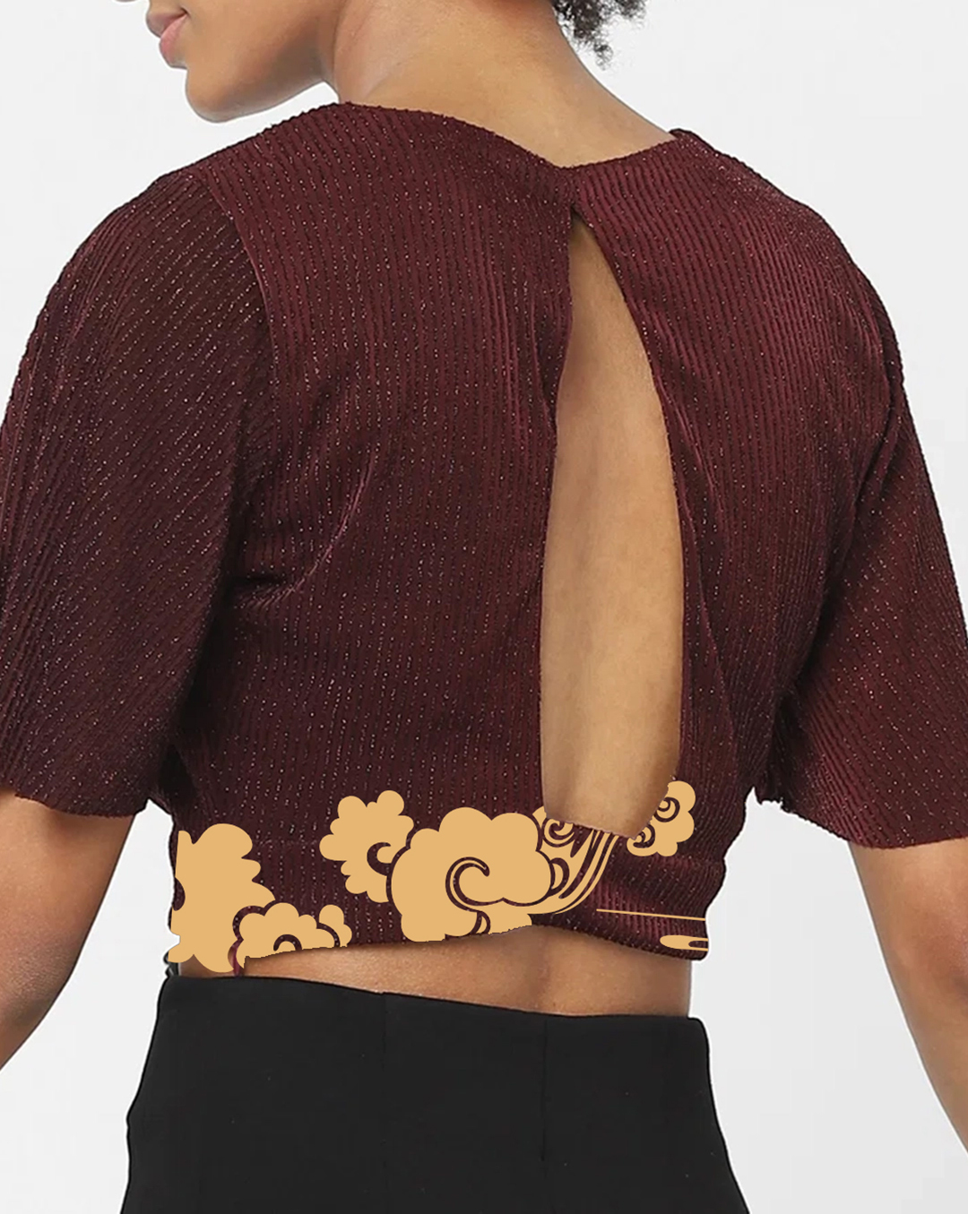 Maroon V Neck Cloud Print Cropped Top