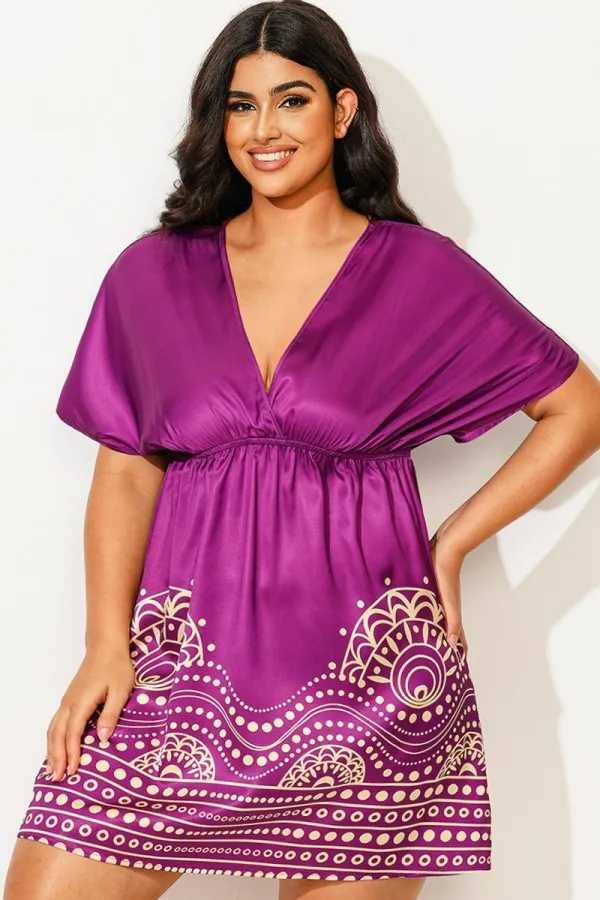 Purple Elastic Waistband V-Neck Cover Up Dress