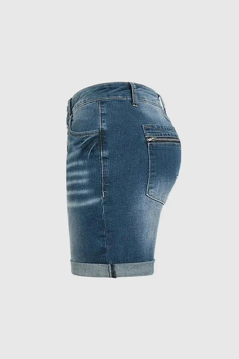 Roll Hem Button Up Mid Rise Denim Mid Thigh Shorts