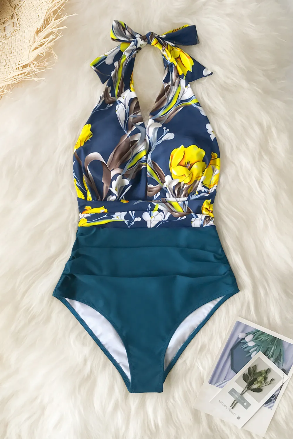 Leopard Print Plunge Halter Tummy Control One Piece Swimsuit