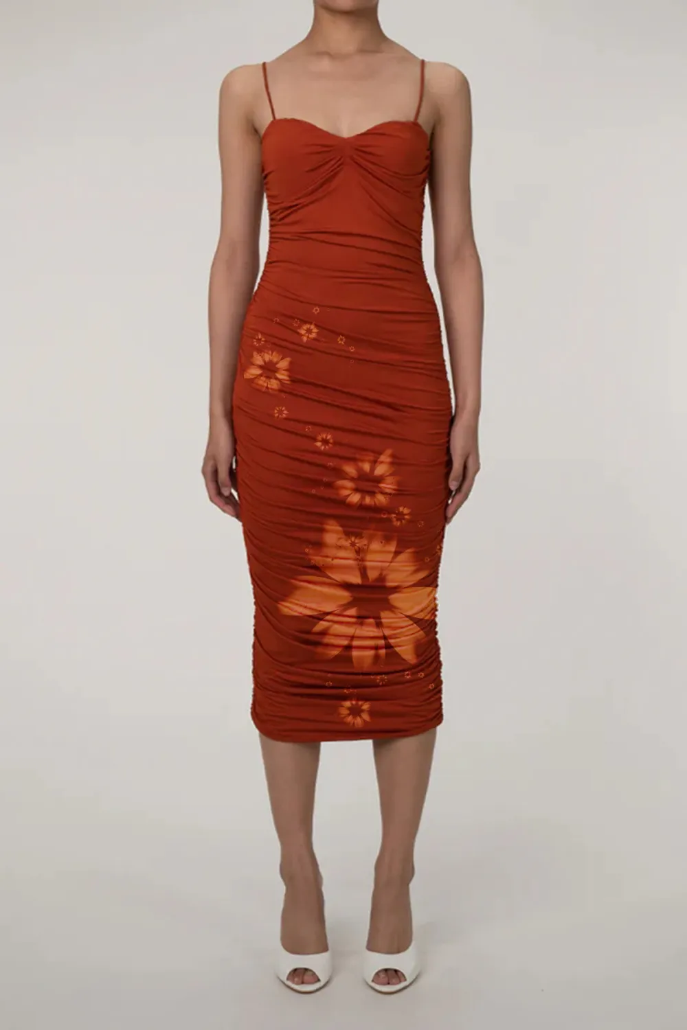 Sweetheart Neck Ruched Midi Cocktail Party Dress - Rust