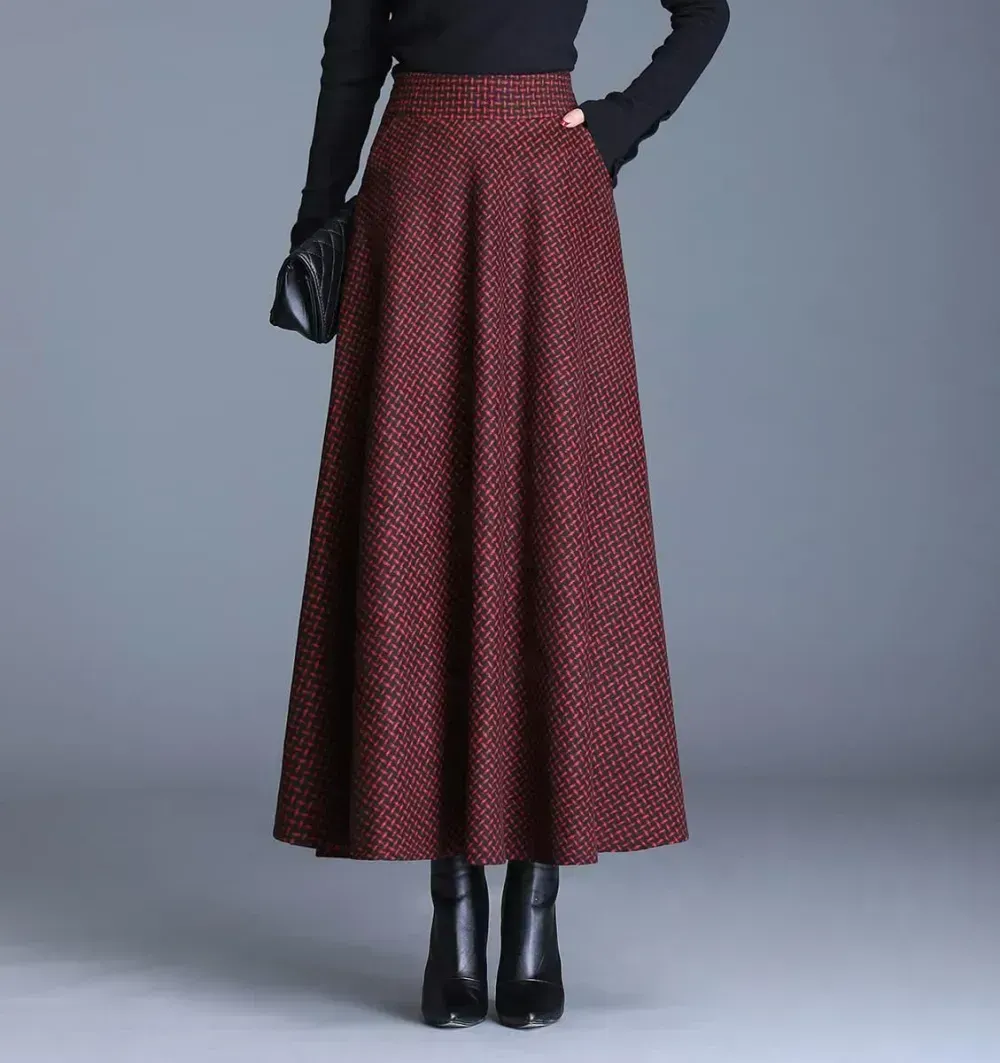 Women's Winter Elegant Warm Long Skirt Wool Maxi Skirts Elastic Waist A-Line High Waist Plaid Pleated Skirt S-3XL