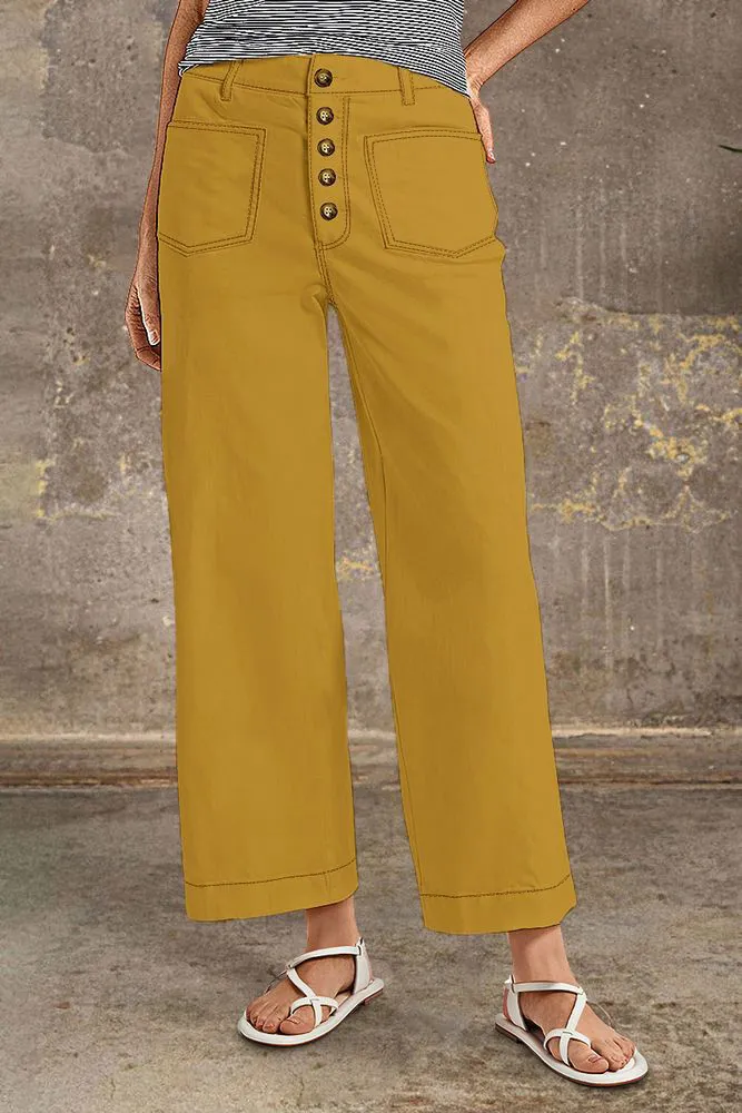 Contrast Stitch Button Fly Straight Leg High Rise Crop Pants