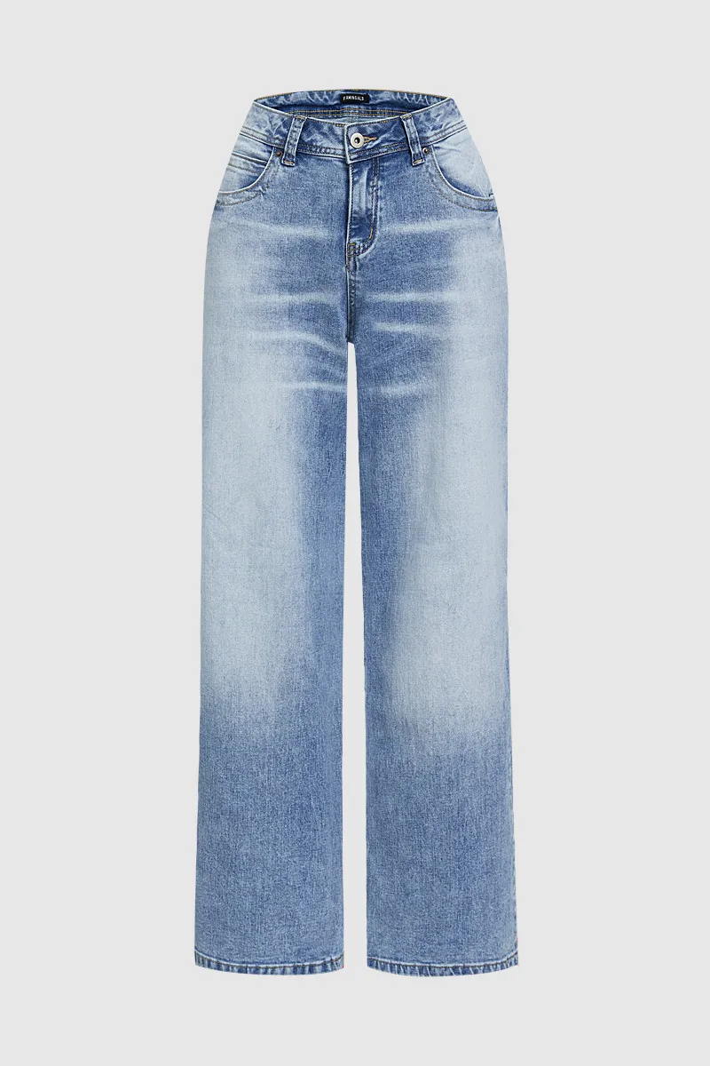 Wash Stitch Detail Stretchy Low Waist Straight Leg Jeans