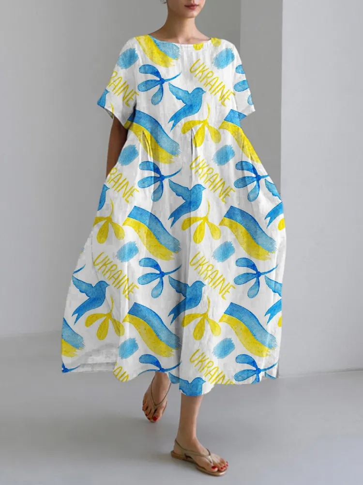 Ukrainian Yellow And Blue Birds Print Women's Maxi Dress