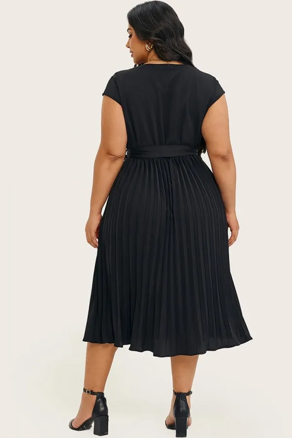 Black V-Neck Cap Sleeve Midi Dress