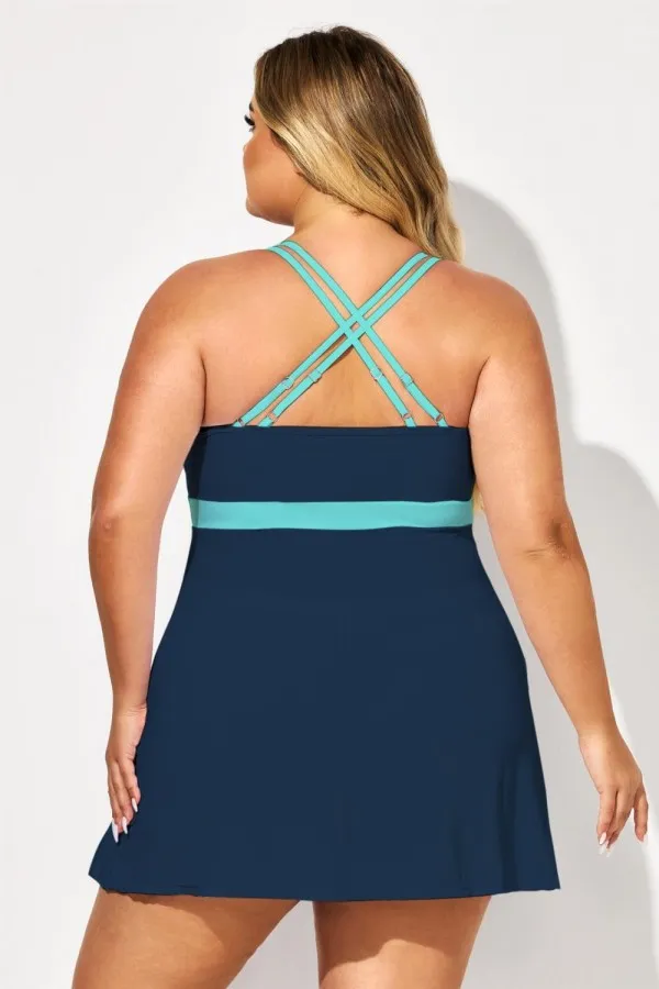 Plus Size Blue Colorblock Crossback Swimdress