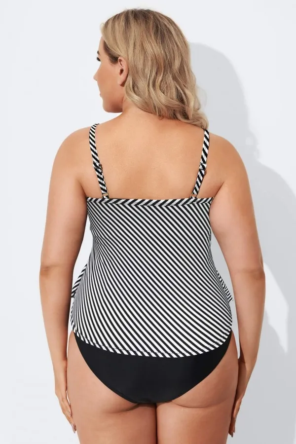 Plus Size Black Striped Layered Tankini Top
