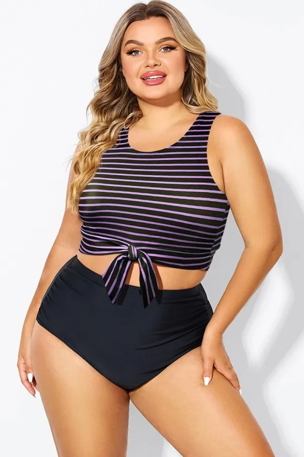 Black Grey Check Knotted Crop Bikini Top